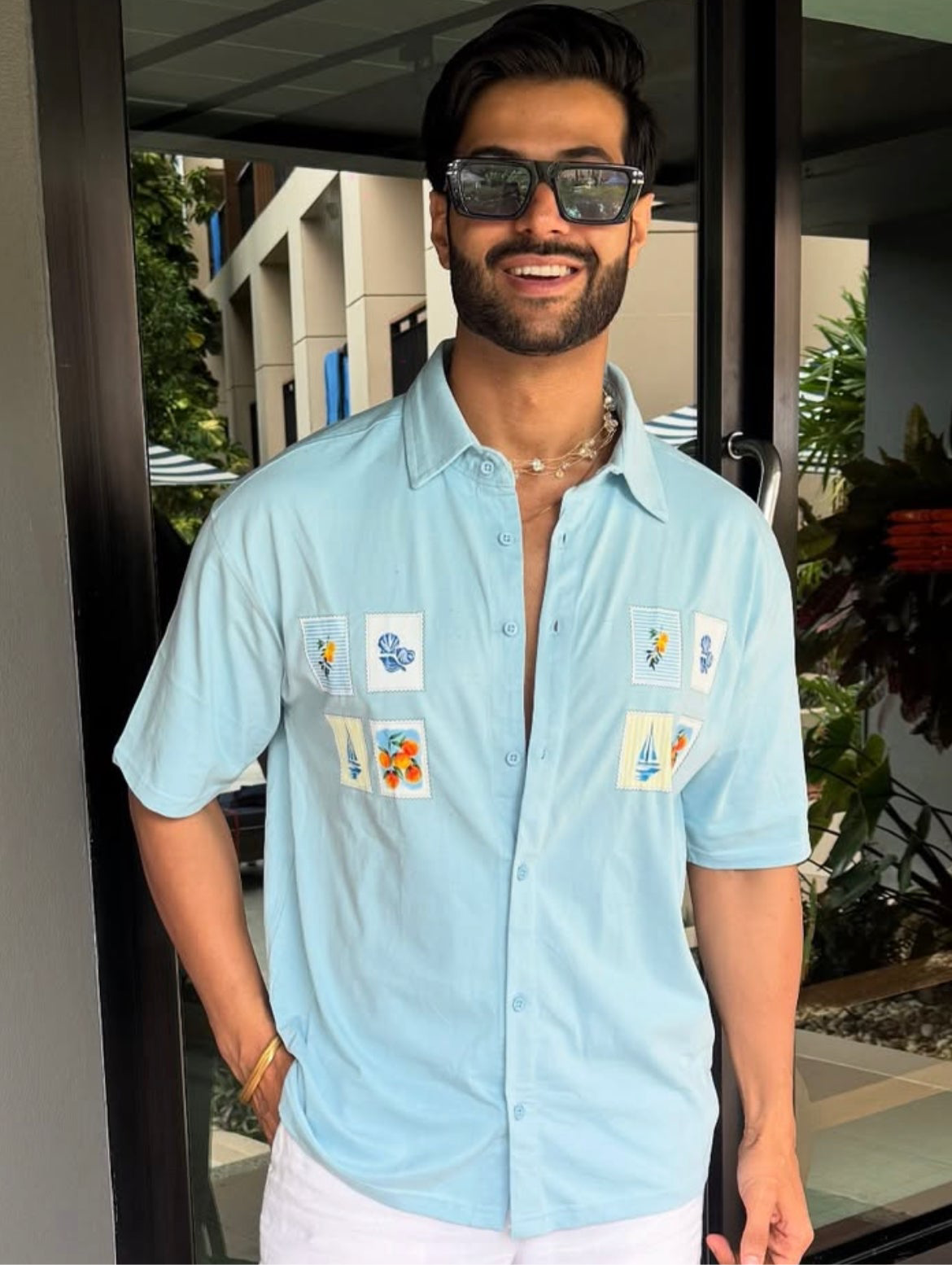 The Summer postcard pocket print Oversized Bowling Shirt