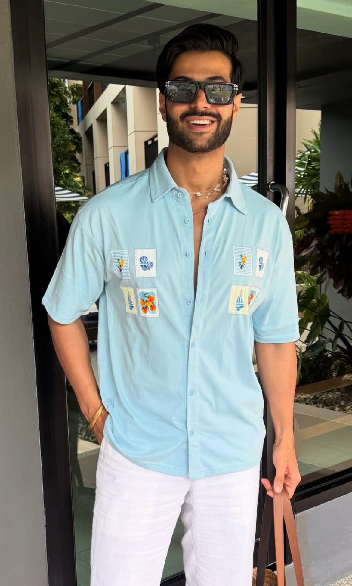 The Summer postcard pocket print Oversized Bowling Shirt