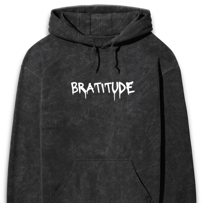 'Bratitude' puff print on Acid Wash Regular fit Hoodie