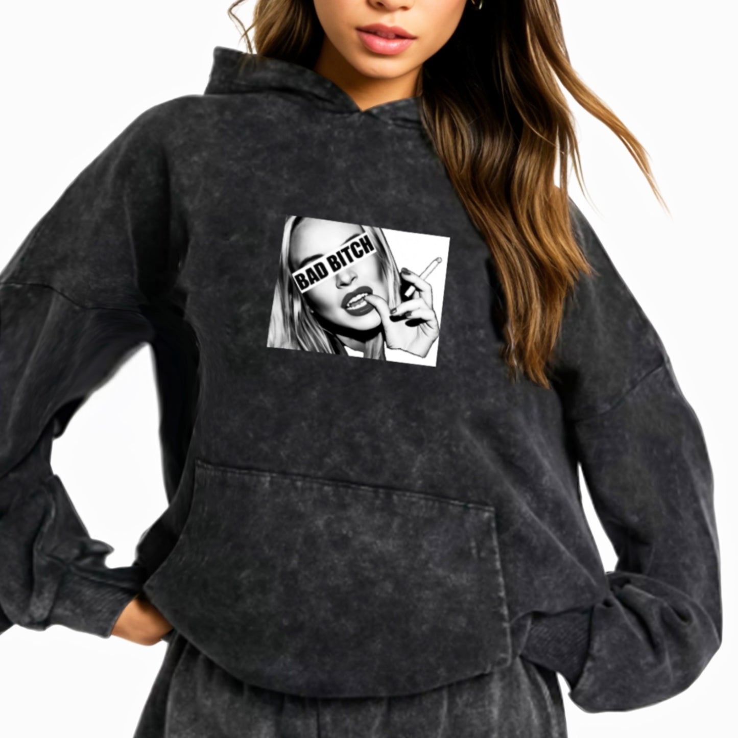 'Bad Bitch' graphic Acid Wash Regular fit Hoodie