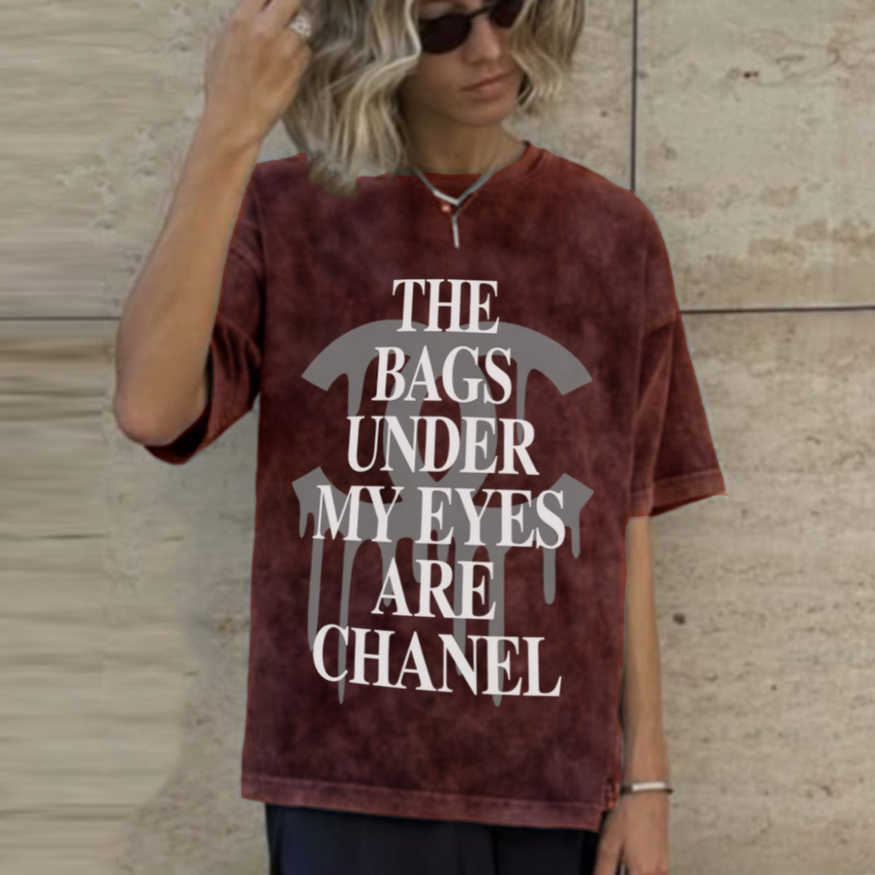 'The bags under my eyes are Chanel' Oversized Acid Wash T-Shirt