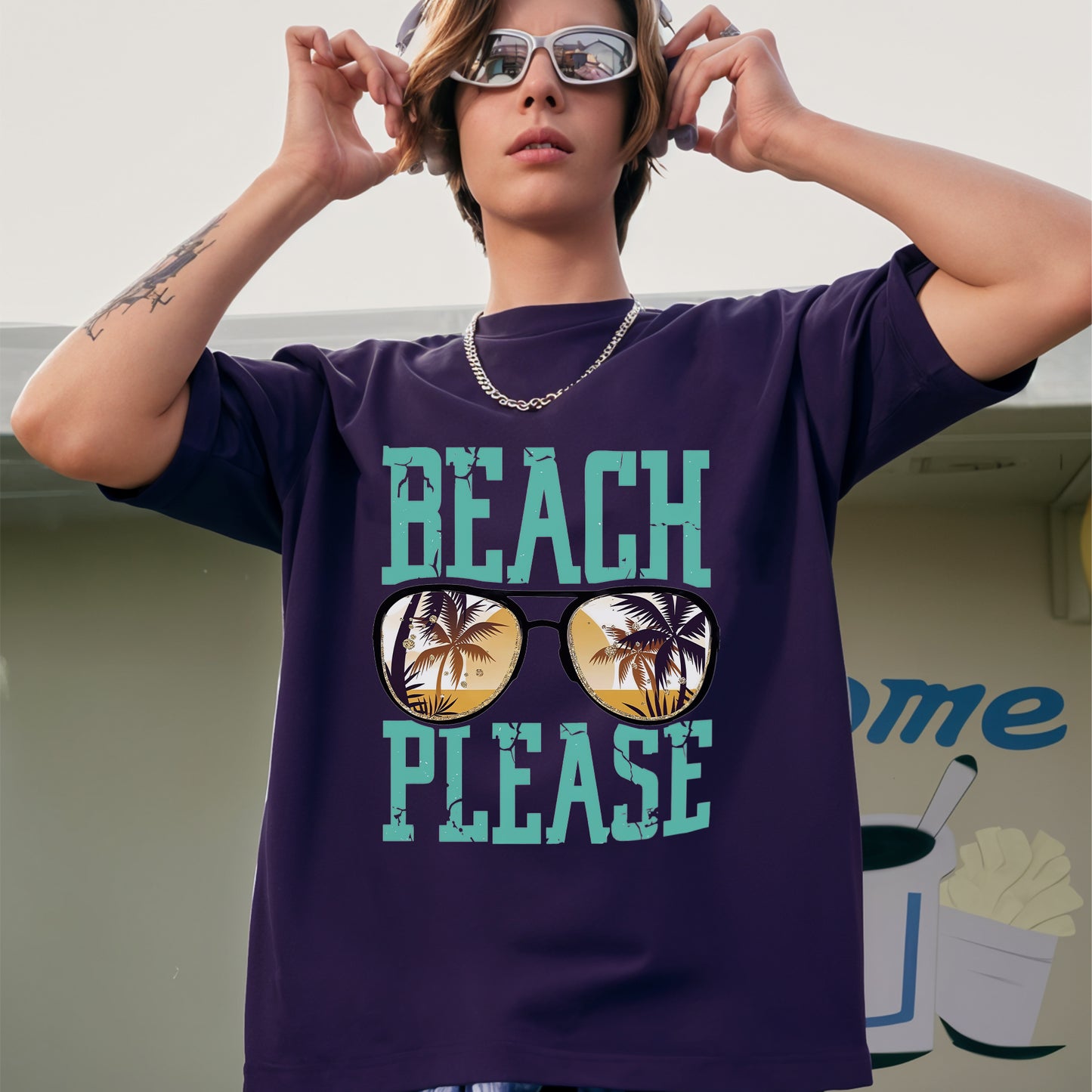 'Beach Please' graphic Oversized Unisex T-Shirt