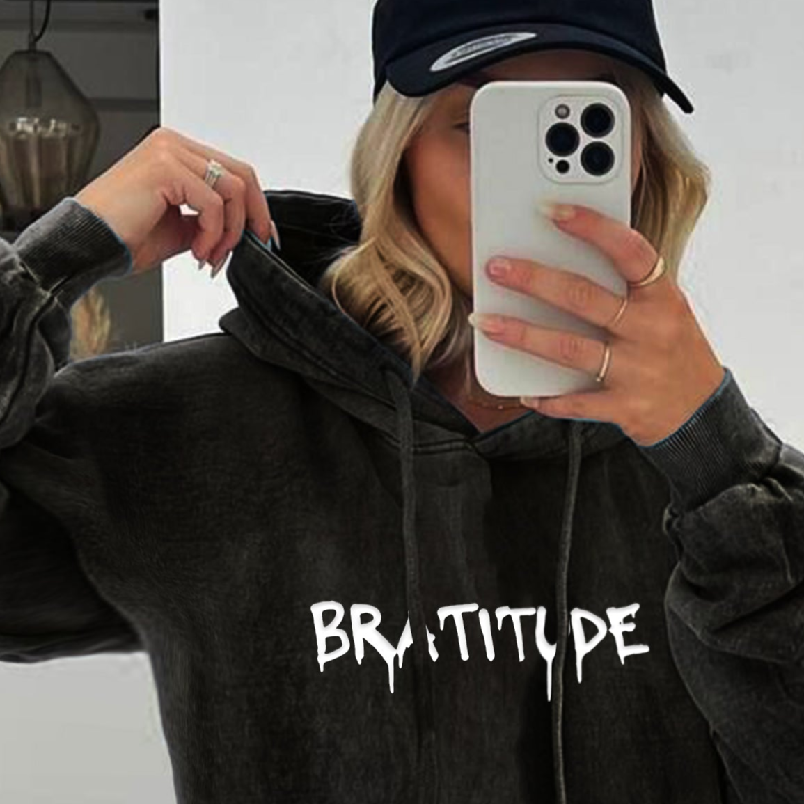 'Bratitude' puff print on Acid Wash Regular fit Hoodie
