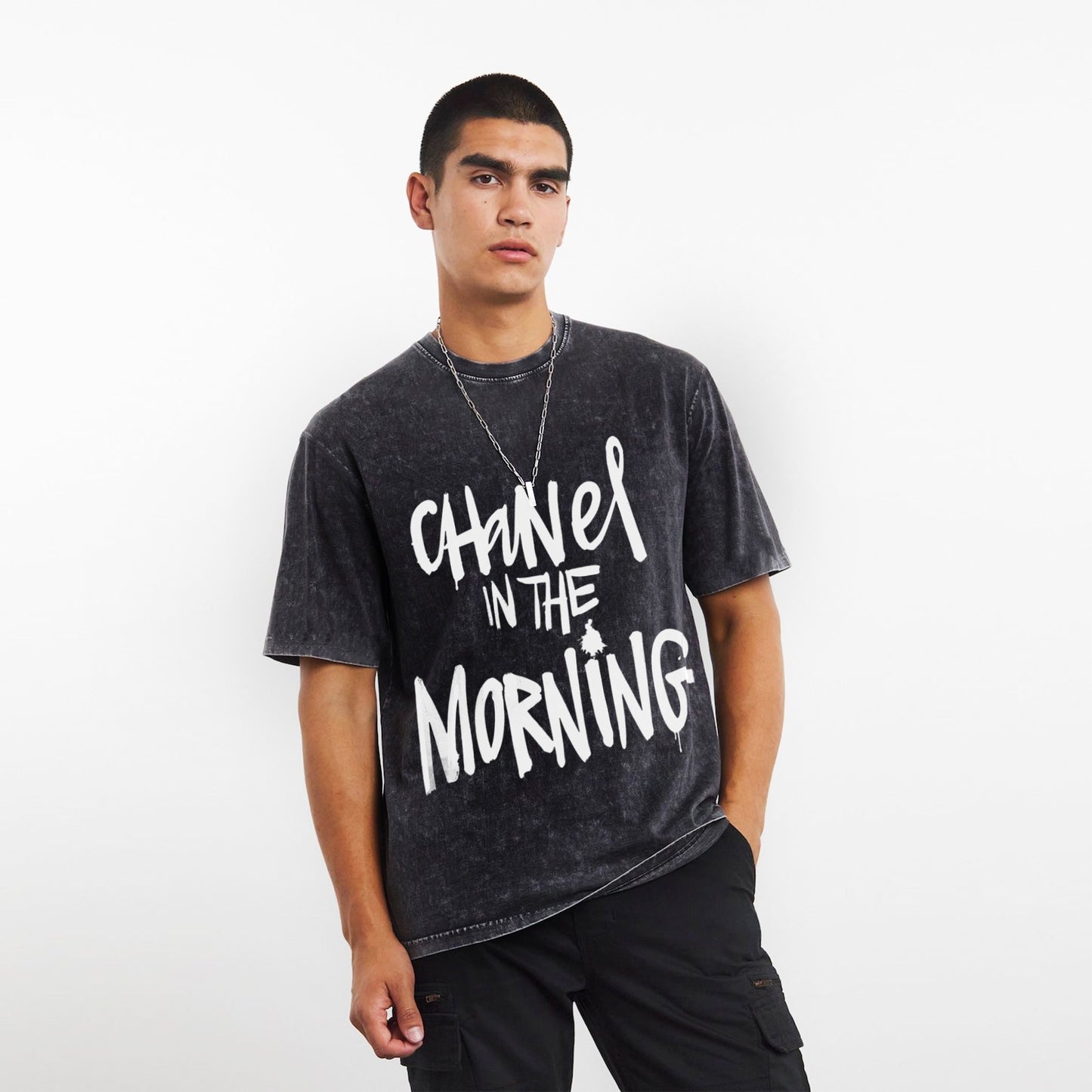 'Chanel in the Morning' puff print Oversized Acid Wash T-Shirt