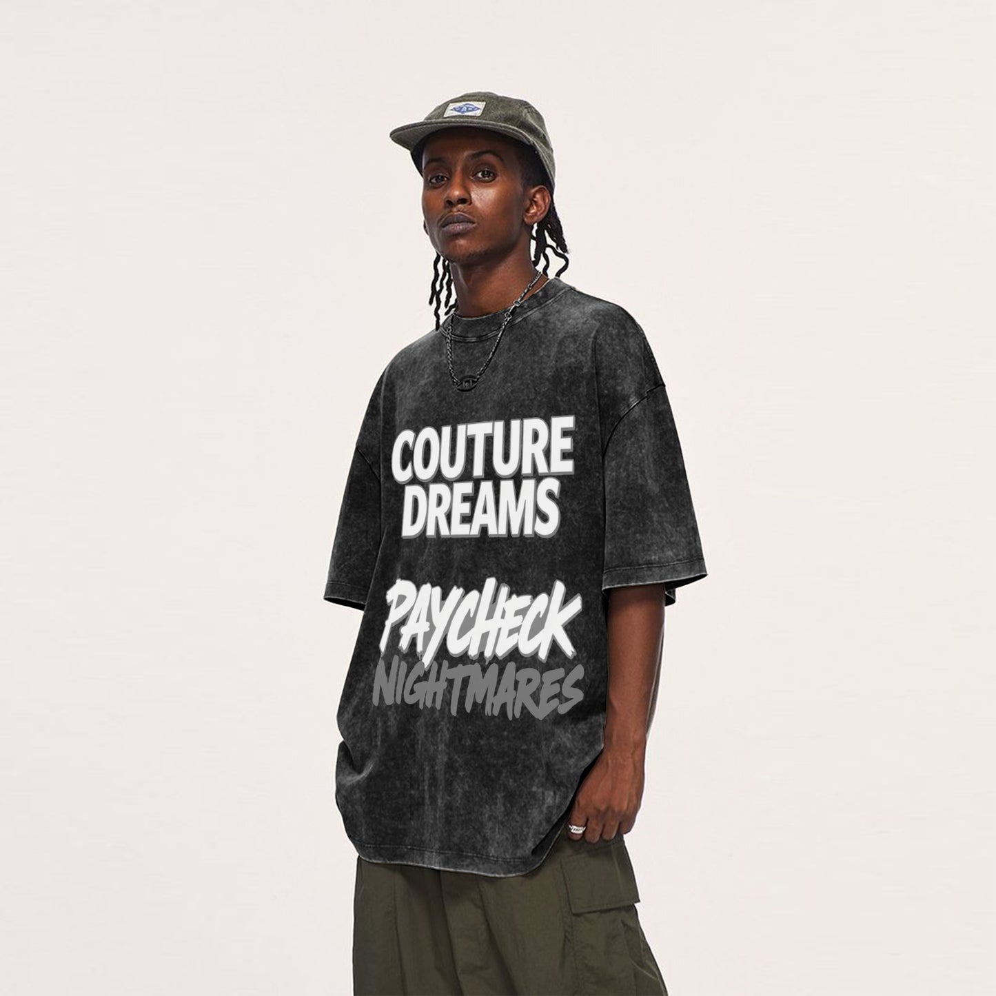 'Couture. Dreams, Paycheck Nighmares' Oversized Unisex Acid Wash T-Shirt