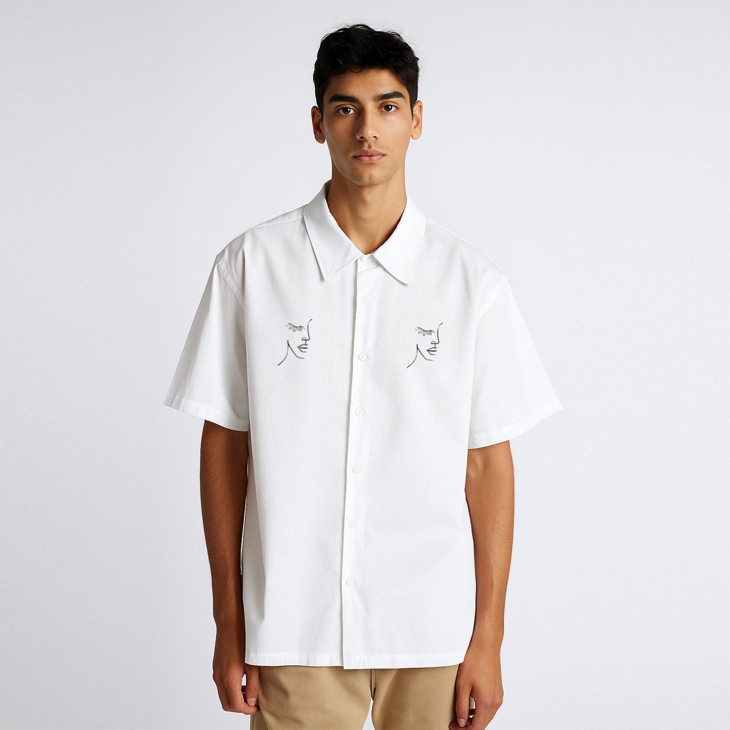 Embroidered Pocket Print White Unisex Oversized Shirt
