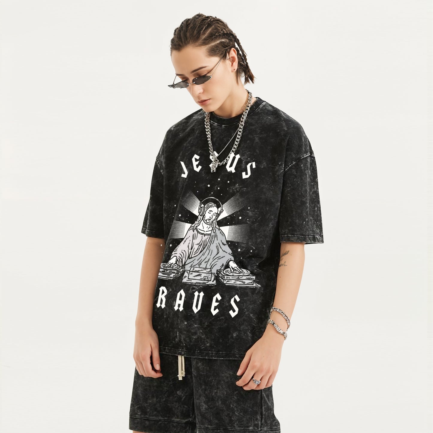 'Jesus Raves' Oversized Acid Wash Unisex T-Shirt