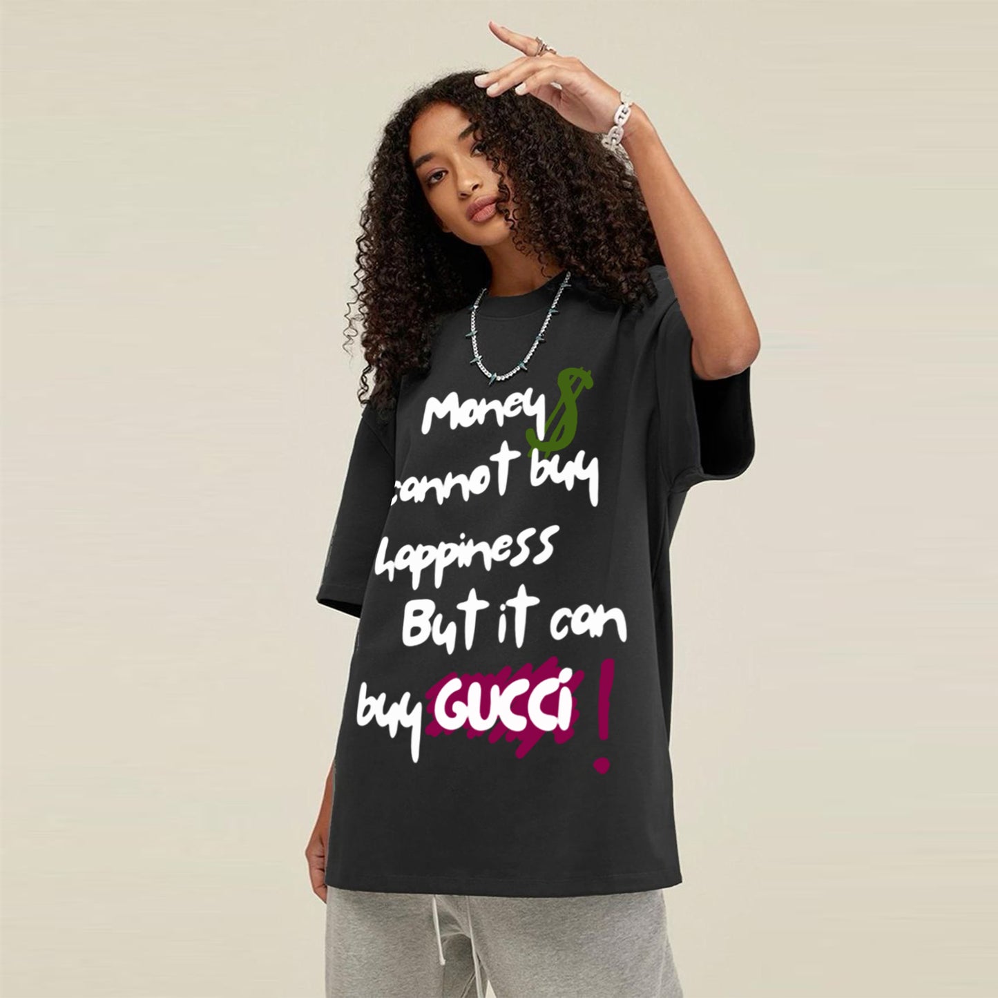 'Money cannot buy Happiness' French Terry Cotton Oversized Unisex T-Shirt