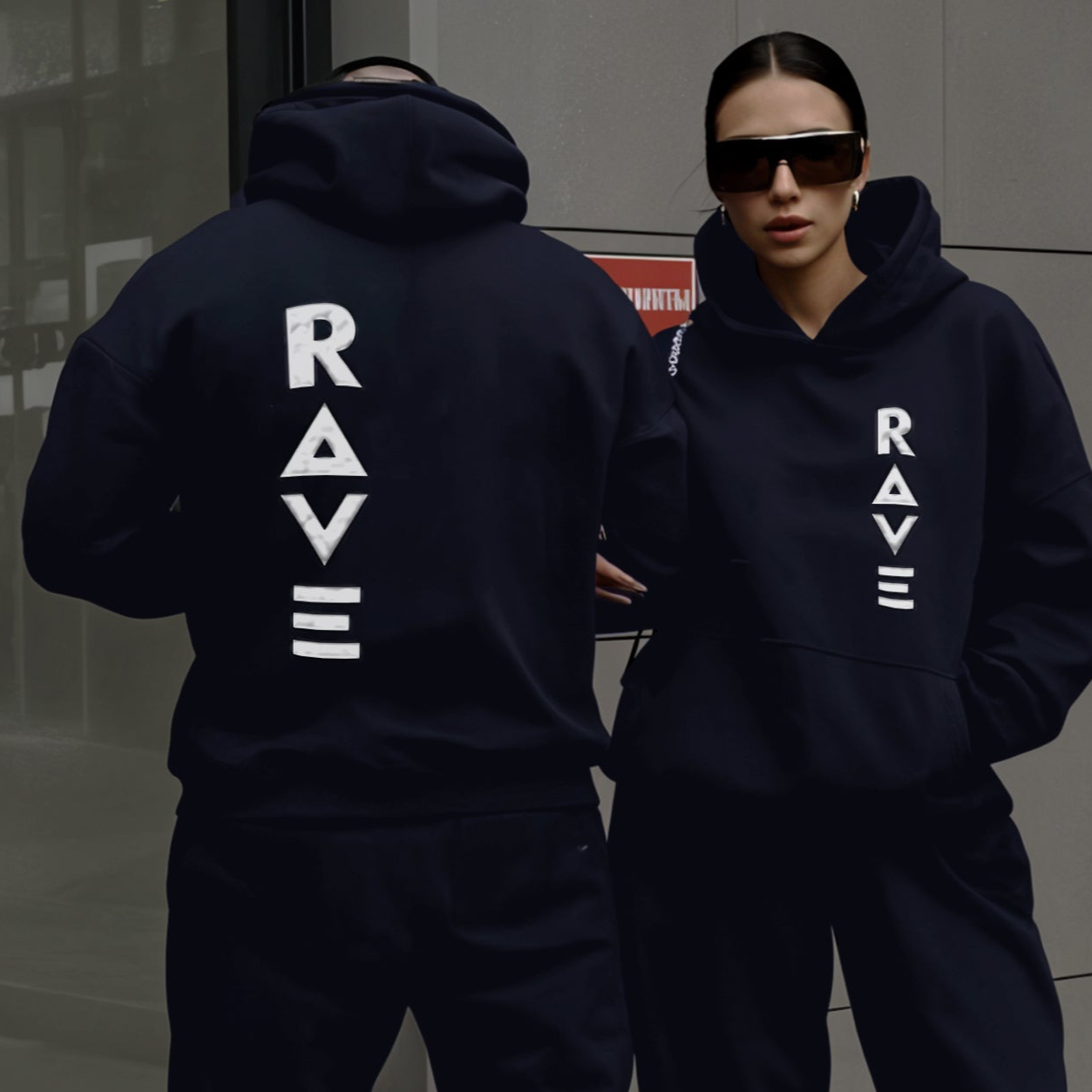 'Rave' print Oversized Unisex Navy Blue Hoodie