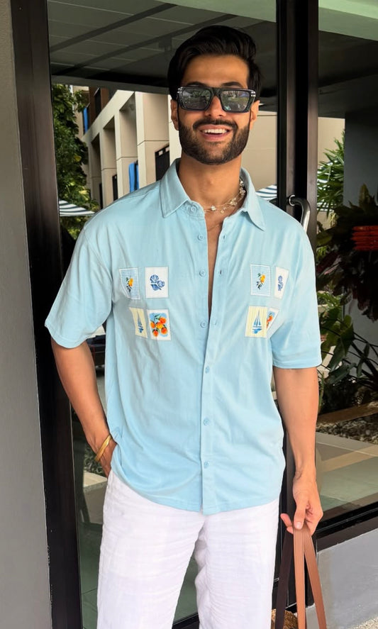 The Summer postcard pocket print Oversized Bowling Shirt