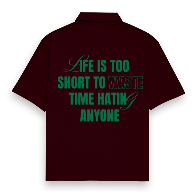 'Life is too Short' Unisex Maroon Oversized Bowling Shirt