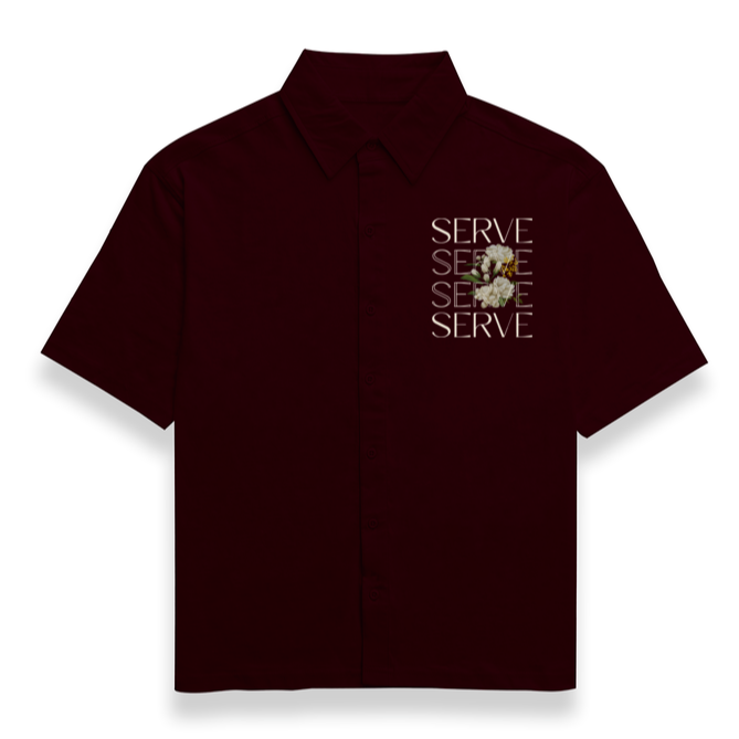 'Serve' pocket print Unisex Maroon Oversized Bowling Shirt