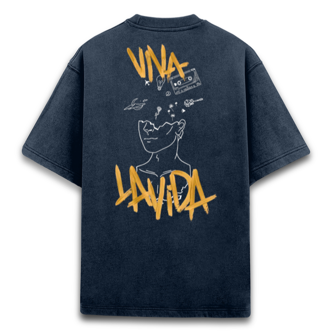 'Viva la vida' Oversized Acid Wash T-Shirt (Navy Blue)