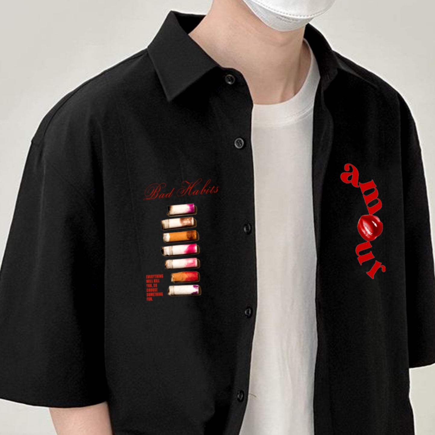 'Amour' front graphic pocket prints Oversized Bowling Shirt