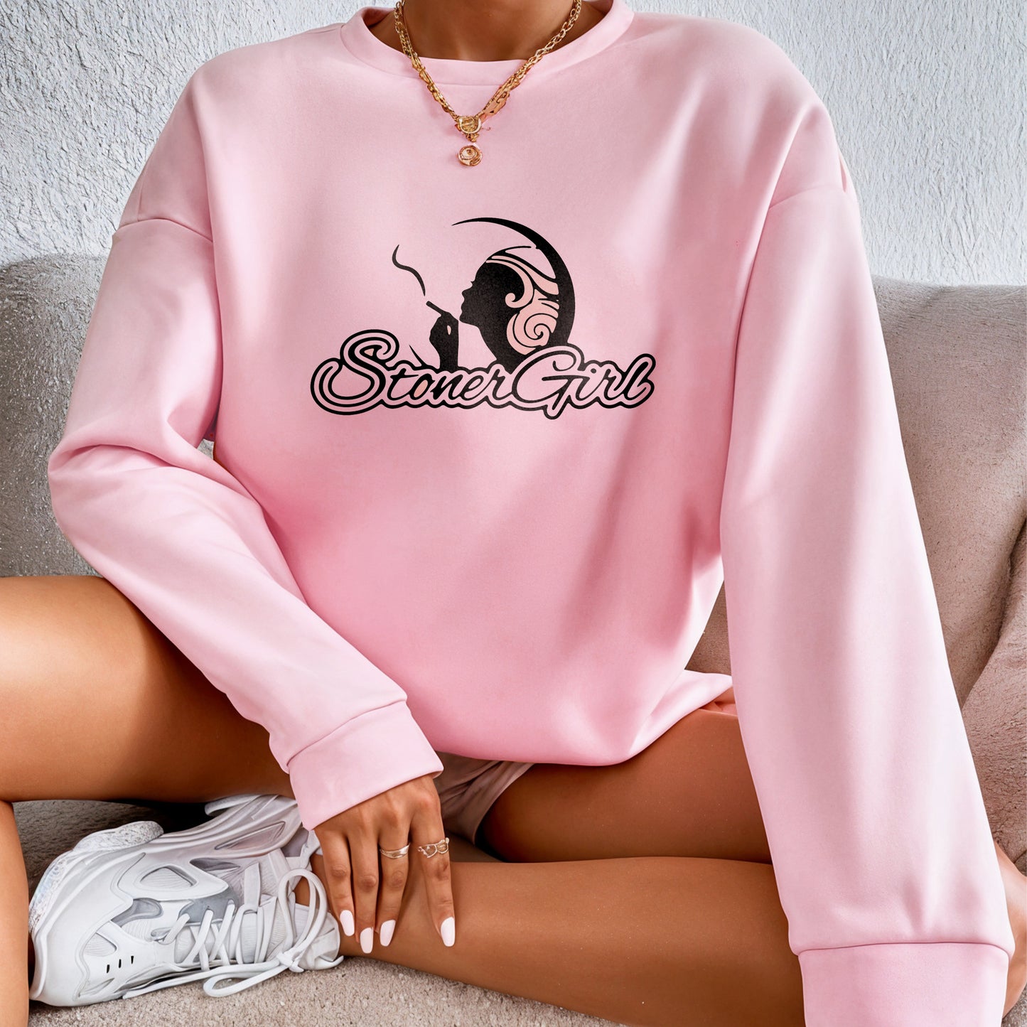 'Stoner Girl' puff print Unisex Oversized Baby Pink Sweatshirt