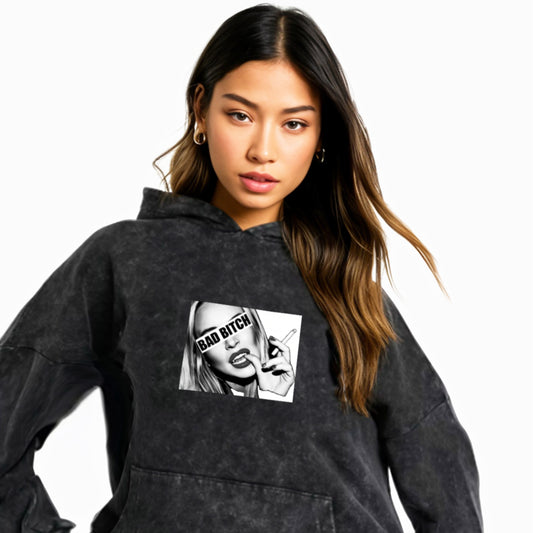 'Bad Bitch' graphic Acid Wash Regular fit Hoodie