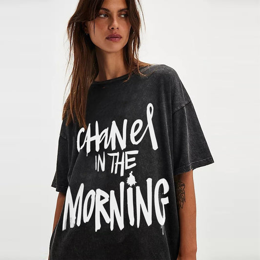 'Chanel in the Morning' puff print Oversized Acid Wash T-Shirt