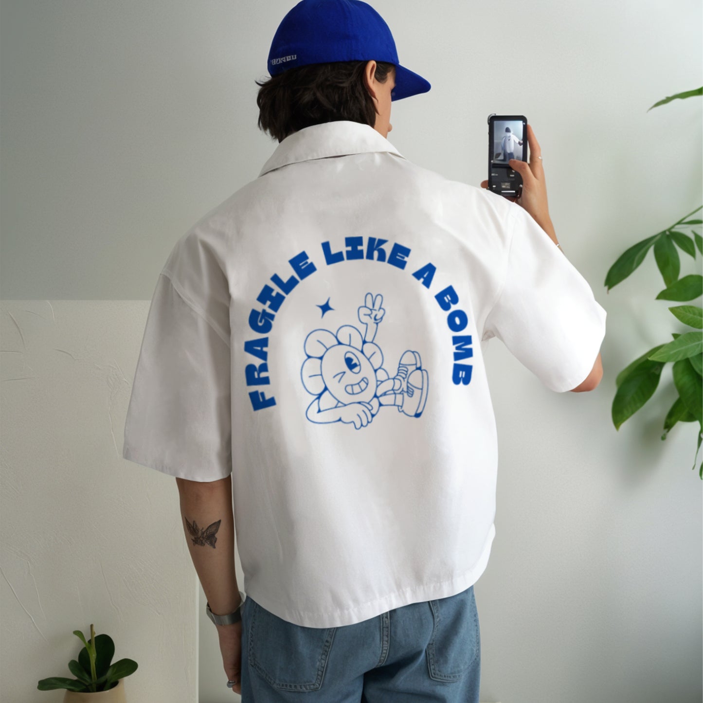 White printed Unisex Oversized Bowling Shirt