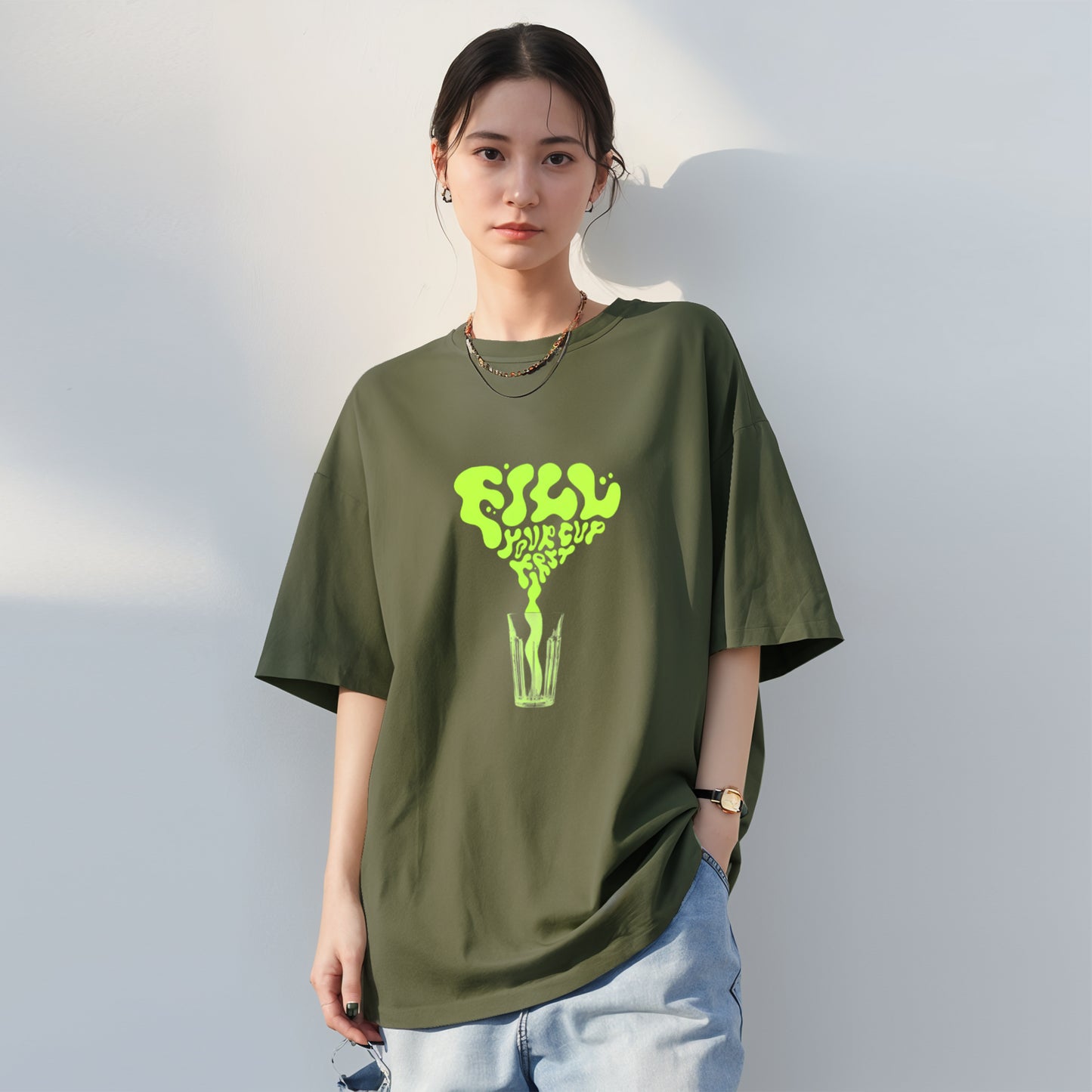 'Fill your cup first'  Glow in the Dark Oversized Unisex T-Shirt