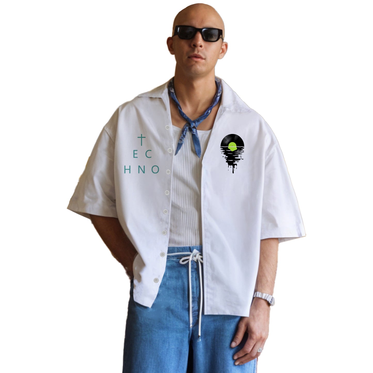 'Techno' raphic Unisex Oversized Bowling Shirt