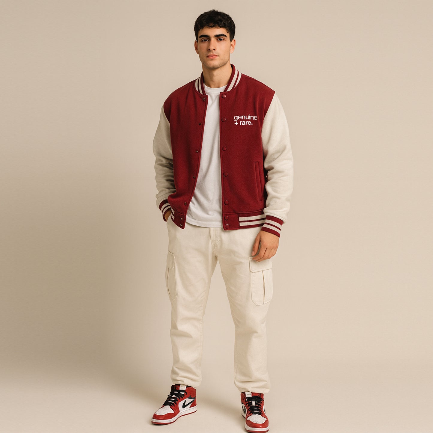 'Genuine + Rare' Unisex Varsity Jacket