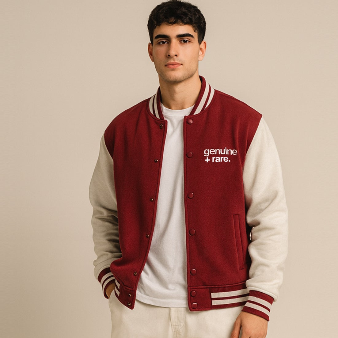 'Genuine + Rare' Unisex Varsity Jacket