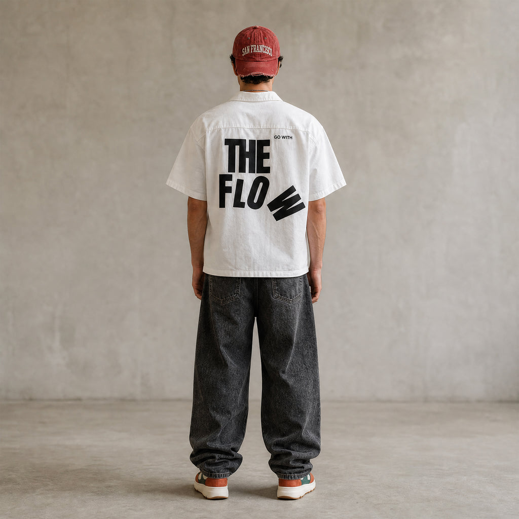 'Go with the flow' Unisex Oversized Bowling Shirt
