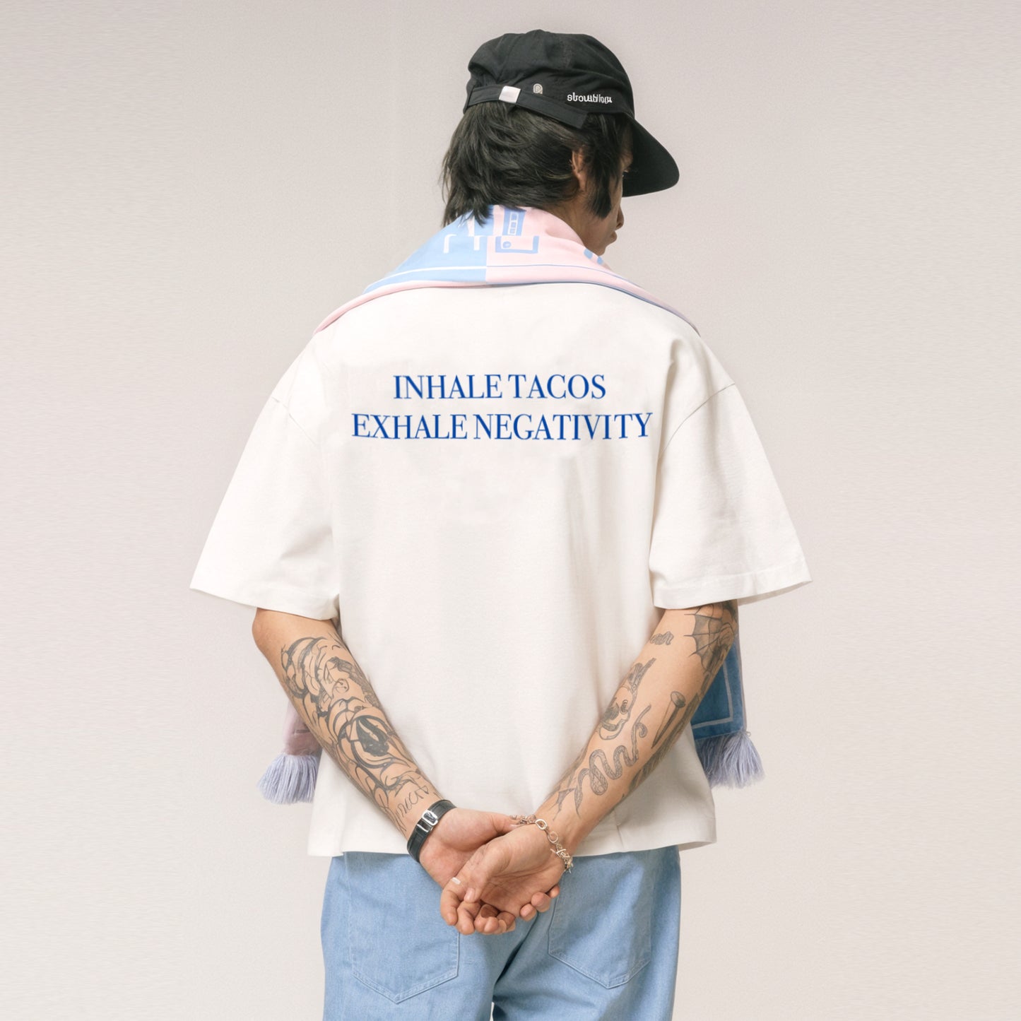 'Inhale Tacos exhale negativity' Unisex Oversized Bowling Shirt