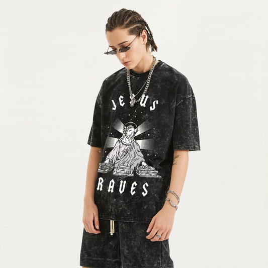 'Jesus Raves' Oversized Acid Wash Unisex T-Shirt