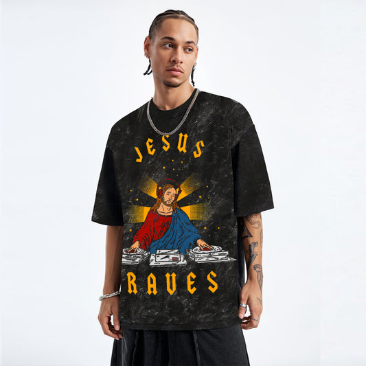 'Jesus Raves' Glow in the Dark print Oversized Acid Wash Unisex T-Shirt