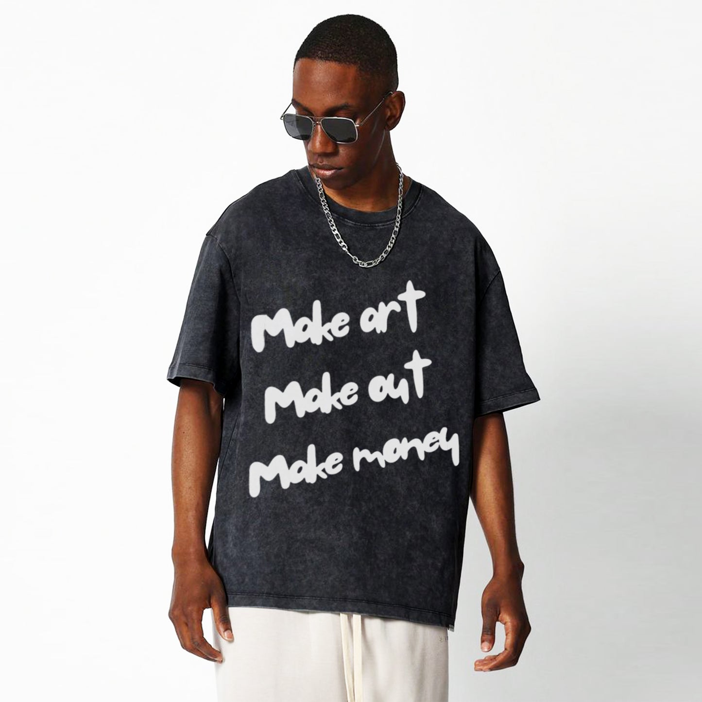 'Make Art Make Out Make Money' Unisex Oversized Acid Wash T-Shirt