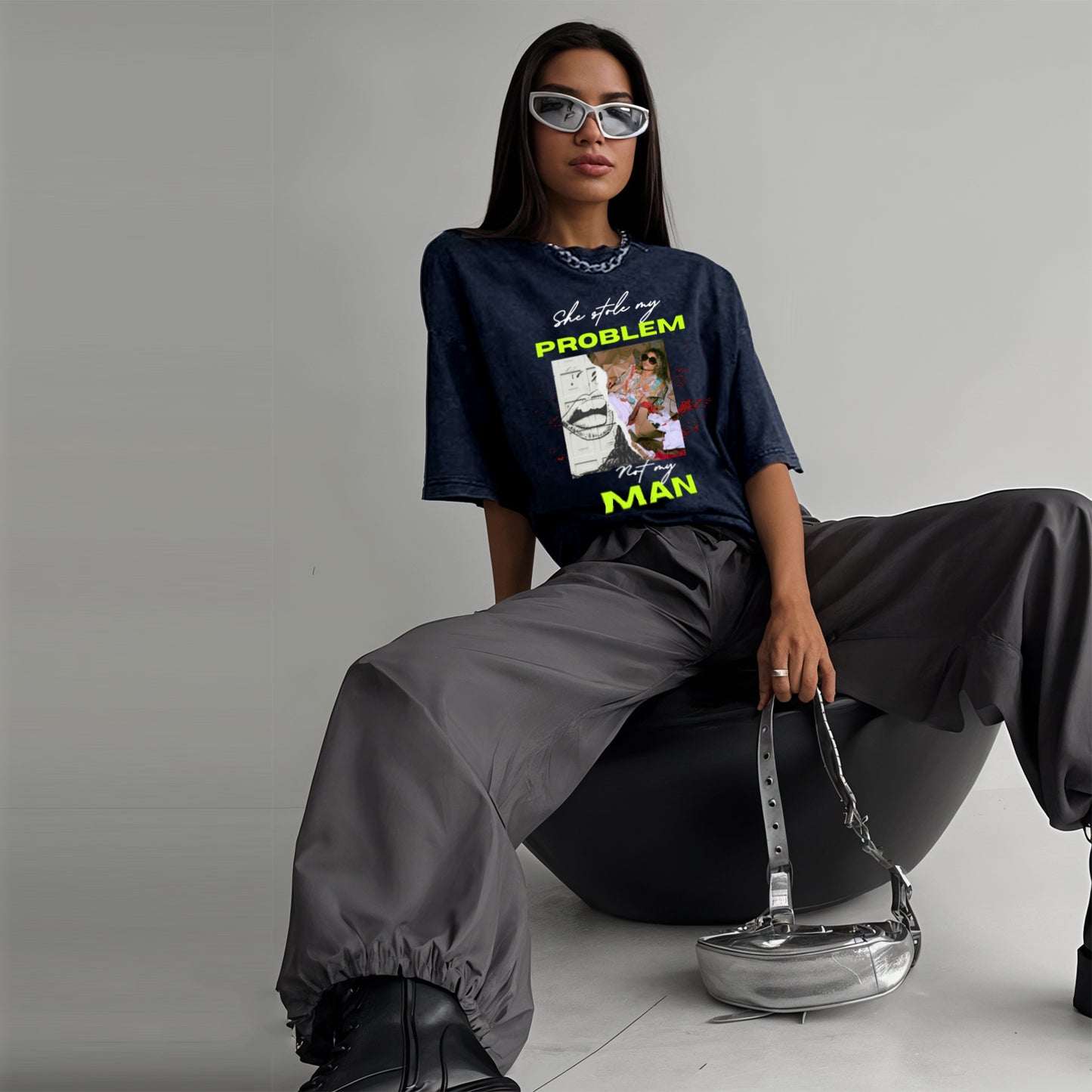 'Stole my problem not my man' graphic Oversized Acid Wash T-Shirt