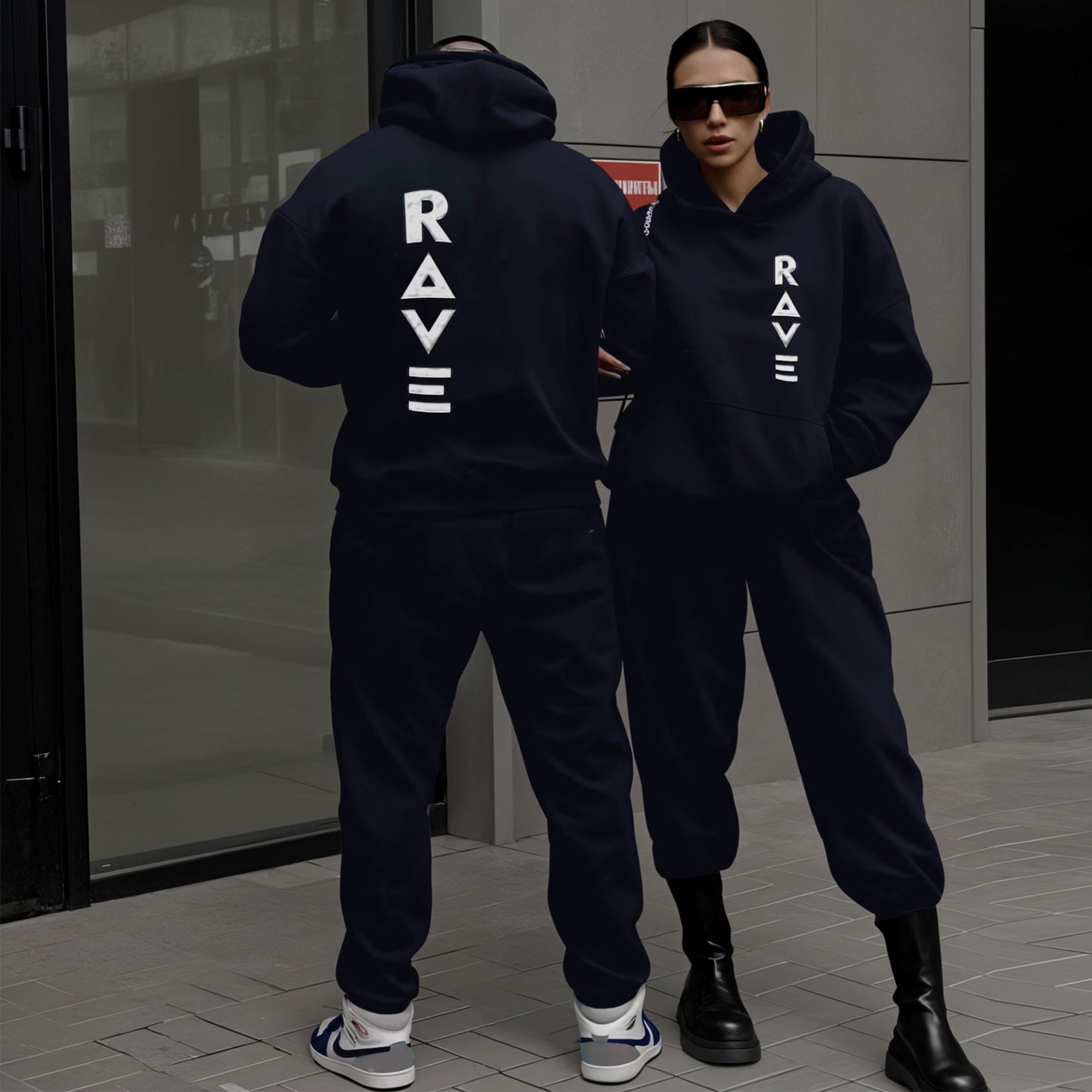 'Rave' puff print Oversized Unisex Navy Blue Hoodie