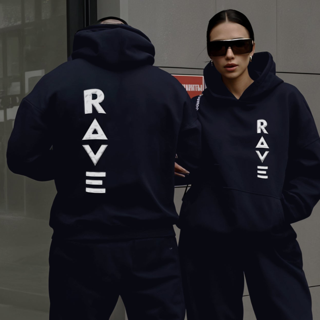 'Rave' puff print Oversized Unisex Navy Blue Hoodie