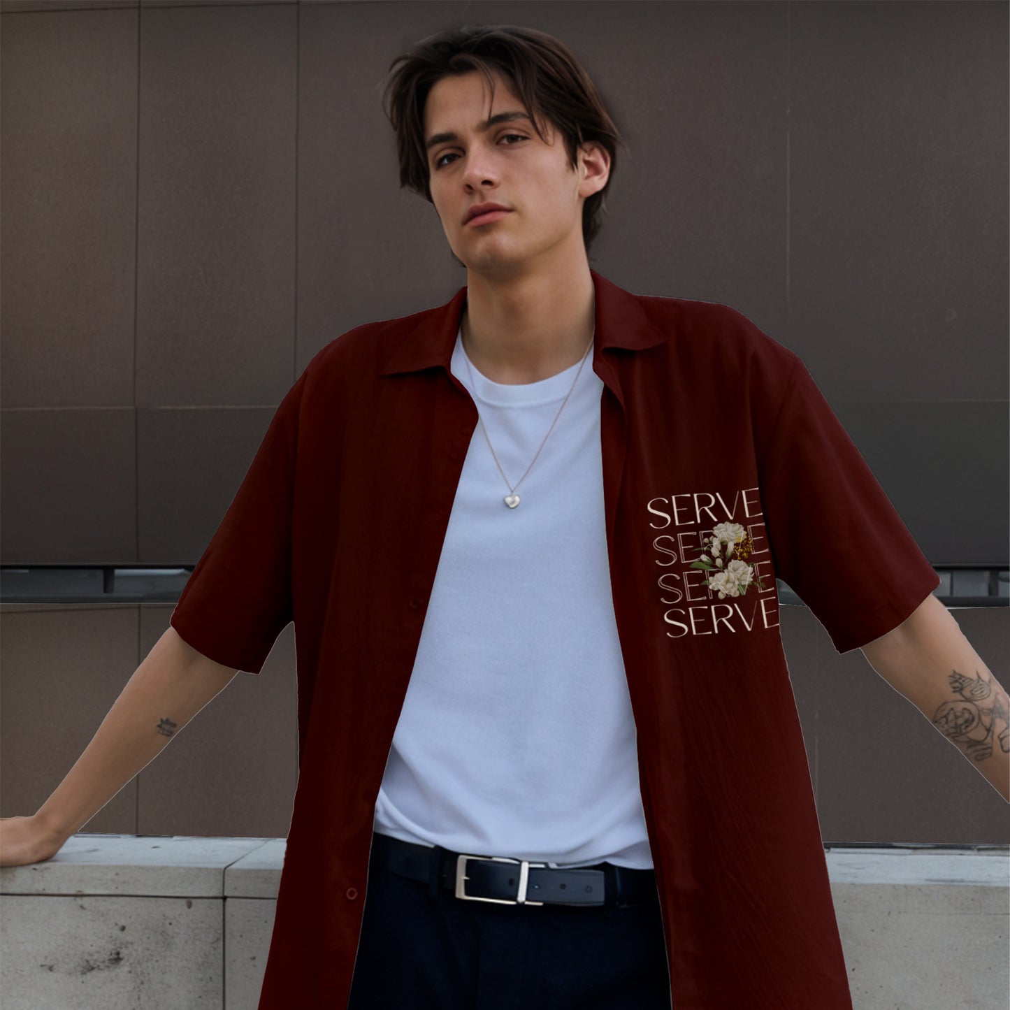 'Serve' pocket print Unisex Maroon Oversized Bowling Shirt