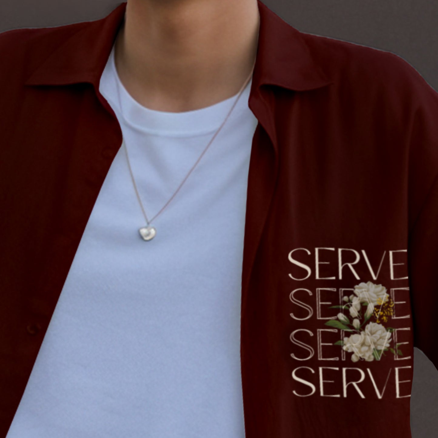 'Serve' pocket print Unisex Maroon Oversized Bowling Shirt