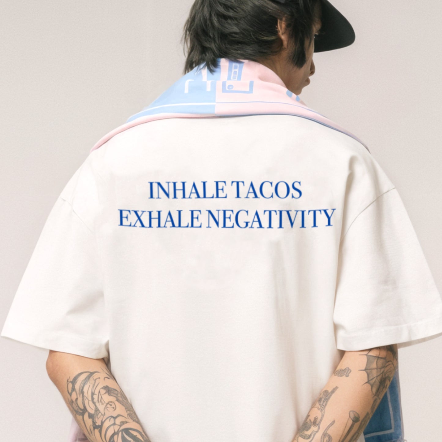 'Inhale Tacos exhale negativity' Unisex Oversized Bowling Shirt