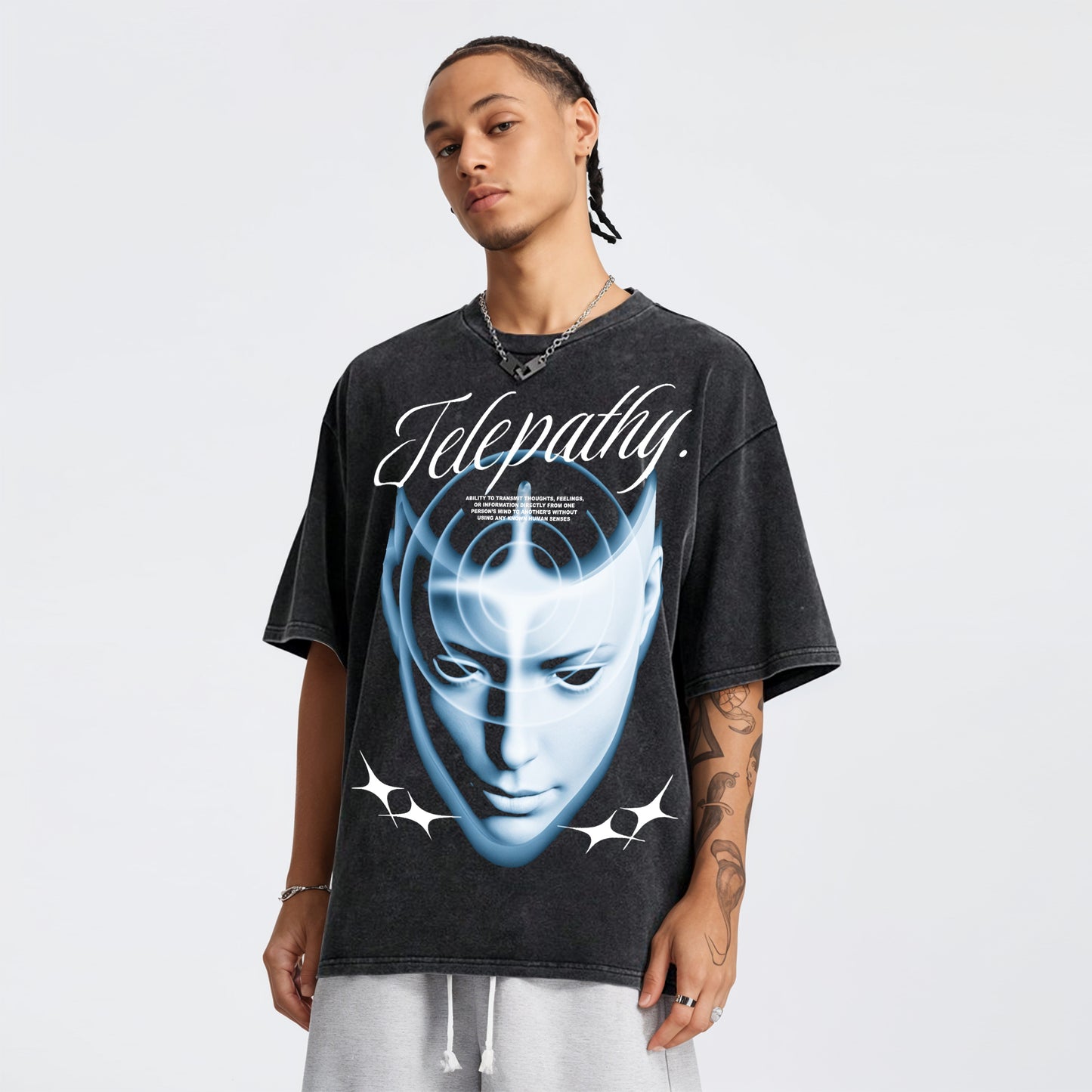 'Telepathy' Unisex Oversized Acid Wash T-Shirt