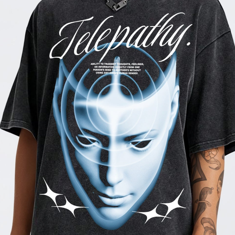 'Telepathy' Unisex Oversized Acid Wash T-Shirt