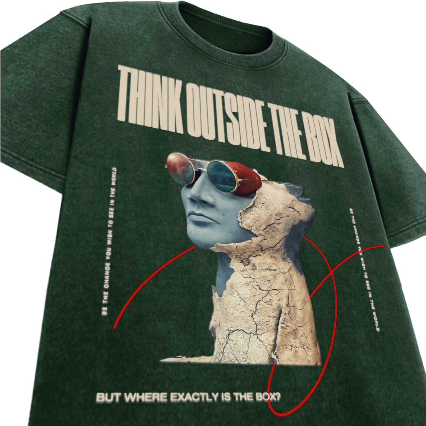 'Think outside the box' Oversized Bottle Green Acid Wash T-Shirt