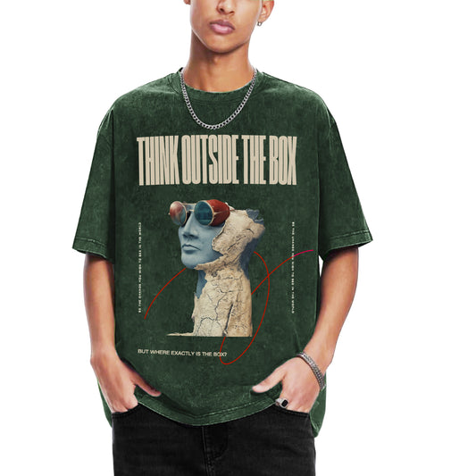 'Think outside the box' Oversized Bottle Green Acid Wash T-Shirt