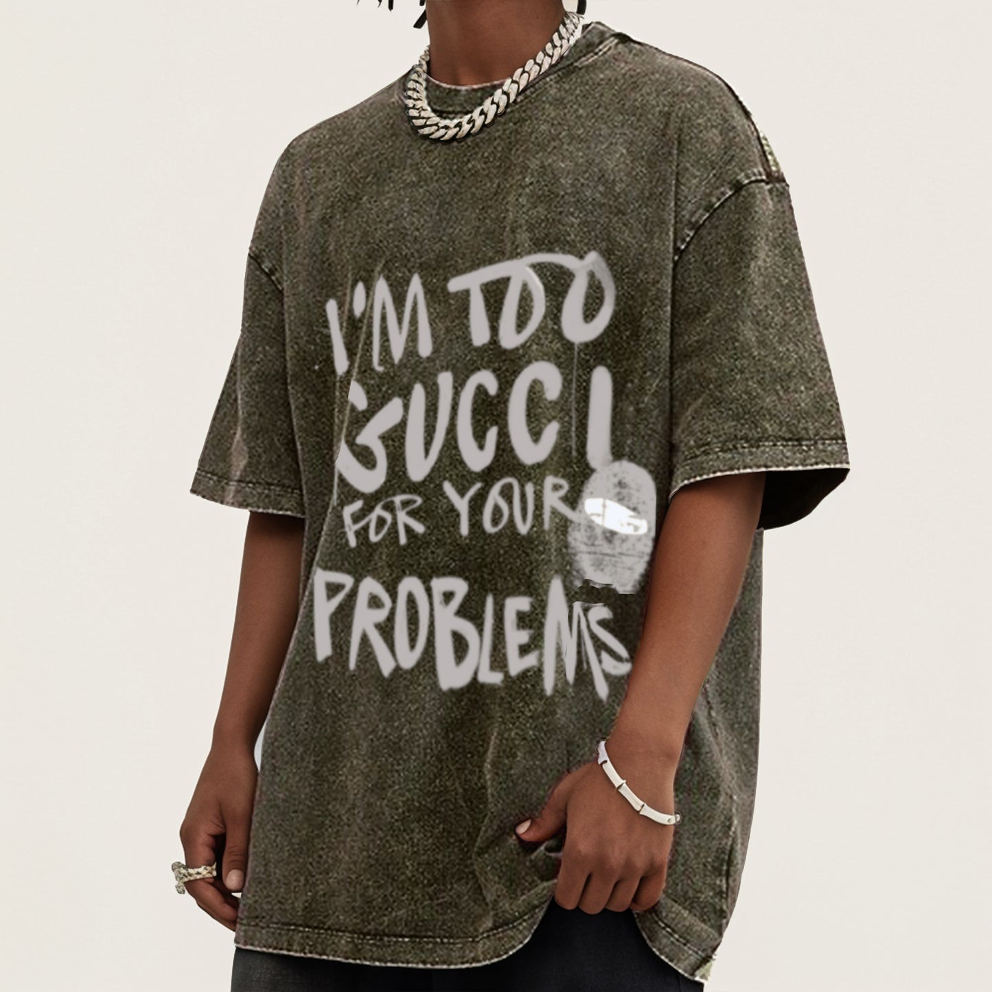 'Too Gucci for your problems' Oversized Olive Green Acid Wash T-Shirt