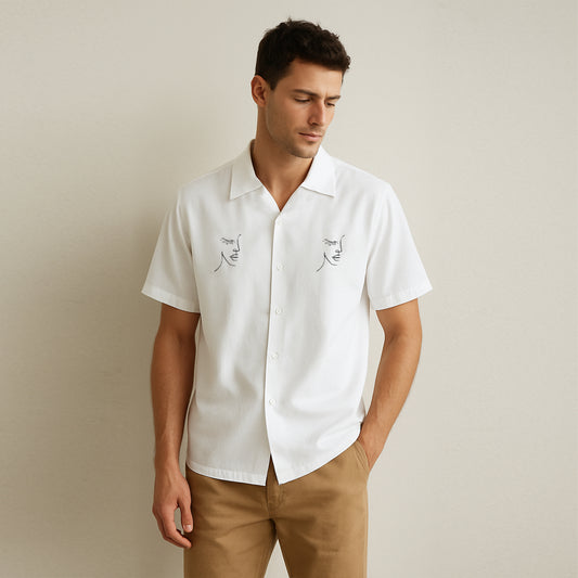 Embroidered Pocket Print White Unisex Oversized Shirt