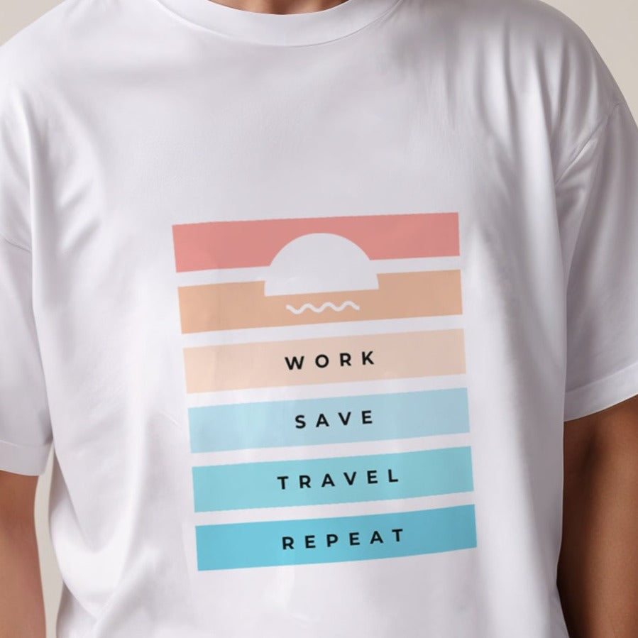 'Work Save Travel Repeat' graphic print Oversized Unisex T-Shirt